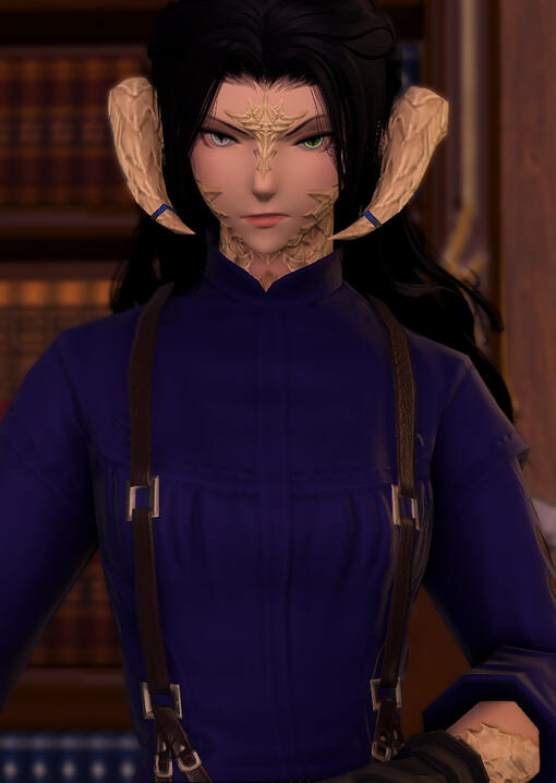 Ignatia in a deep blue dress shirt with suspenders scowling at the viewer.